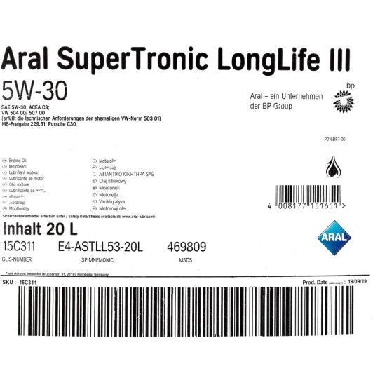 Aral SuperTronic LongLife III 5W-30, 20 л (10472) моторное масло фото