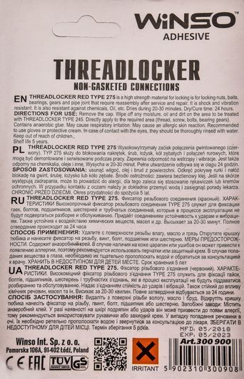 Winso Threadlocker Type 275 фіксатор різьблення, 10 мл (300900) фото