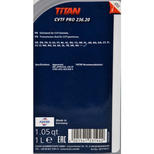 Fuchs Titan CVTF Pro 236.20, 1 л (601778131) синтетическое трансмиссионное масло фото