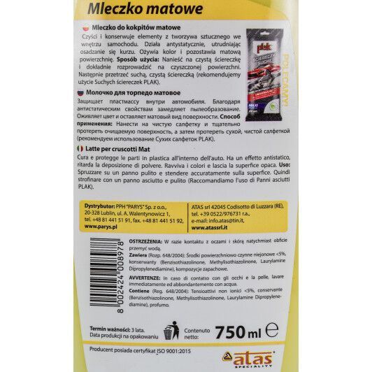 Полироль для салона Atas Mleczko do kokpitu 750 мл 47492 фото