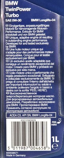 BMW Twinpower Turbo Longlife-04 0W-30, 1 л (83212465854) моторное масло фото