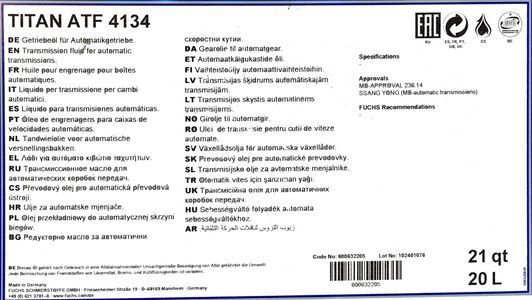 Fuchs Titan ATF 4134, 20 л (600632205) синтетическое трансмиссионное масло фото