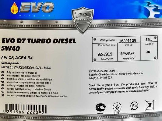 EVO D7 Turbo Diesel 5W-40 20 л, моторное масло фото