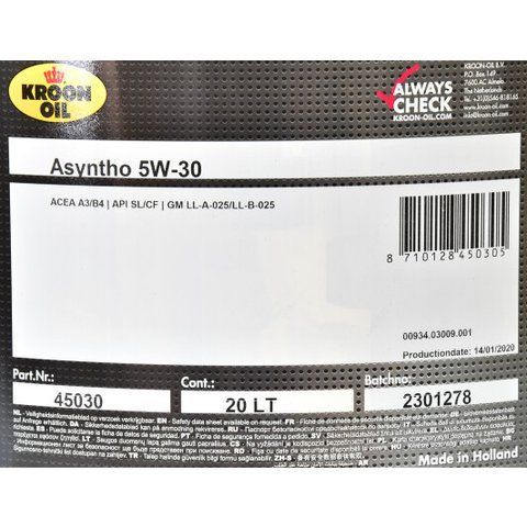 Kroon Oil Asyntho 5W-30 20 л, (45030) моторное масло фото