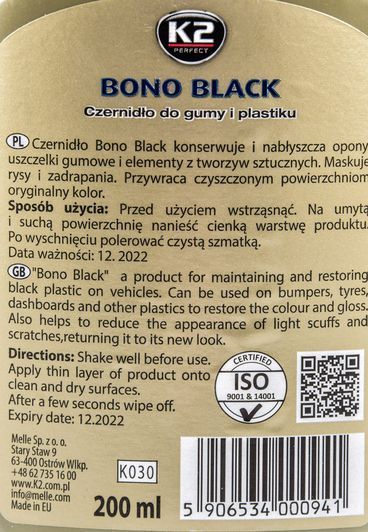 Чернитель шин K2 Bono Black K030 200 мл фото