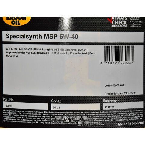 Kroon Oil Specialsynth MSP 5W-40 20 л, (57028) моторное масло фото