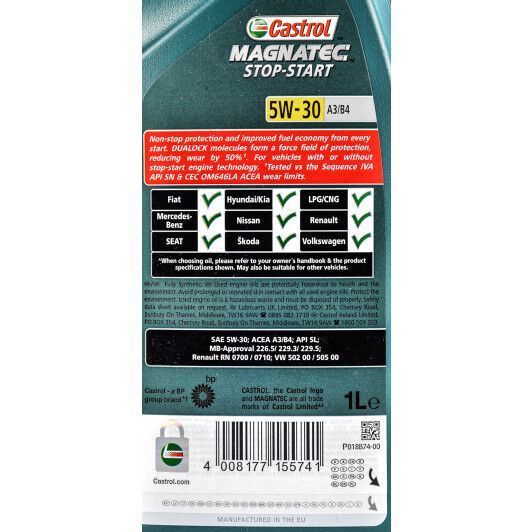 Castrol Magnatec Stop-Start A3/B4 5W-30 1 л, (CASMAGN5W30A3B41L) моторное масло фото