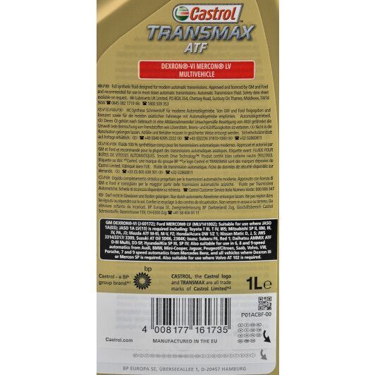 Castrol Transmax ATF Dexron-VI Mercon LV Multivehicle, 1 л синтетическое трансмиссионное масло фото