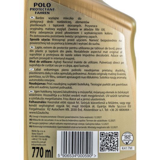 Поліроль для салону K2 Polo Protectant Fahren нова машина 770 мл K417M фото